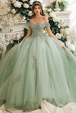 Dusty Sage Robe en tulle appliqué en dentelle à épaules dénudées Quinceanera