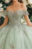 Dusty Sage Robe en tulle appliqué en dentelle à épaules dénudées Quinceanera
