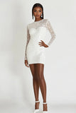 Robe courte de graduation moulante à manches longues à paillettes blanches