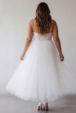 Robe de fiançailles blanche en tulle grande taille à bretelles fines A Line avec dentelle