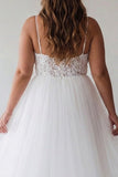 Robe de fiançailles blanche en tulle grande taille à bretelles fines A Line avec dentelle
