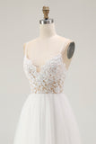Robe blanche trapèze en tulle et dentelle longueur thé