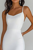 bretelles spaghetti mousseline de soie blanche gaine longue robe de graduation