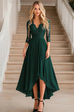 Élégante robe en mousseline de soie longue mère de la mariée à col en V vert foncé A-line col V avec appliques de dentelle