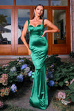 Robe longue formelle en satin à bretelles spaghetti sirène vert foncé