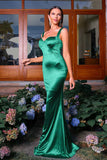 Robe longue formelle en satin à bretelles spaghetti sirène vert foncé