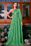 Robe formelle longue plissée à une épaule trapèze verte