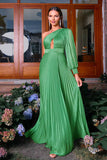 Robe formelle longue plissée à une épaule trapèze verte