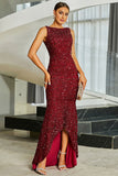 Robe longue formelle à paillettes sirène bordeaux scintillante avec fente