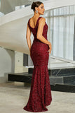 Robe longue formelle à paillettes sirène bordeaux scintillante avec fente