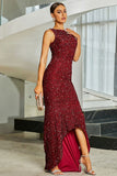 Robe longue formelle à paillettes sirène bordeaux scintillante avec fente