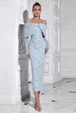 Floral bleu clair moulante épaule froide à manches longues robe de bal avec fente dans le dos
