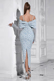 Floral bleu clair moulante épaule froide à manches longues robe de bal avec fente dans le dos