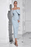 Floral bleu clair moulante épaule froide à manches longues robe de bal avec fente dans le dos