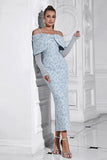 Floral bleu clair moulante épaule froide à manches longues robe de bal avec fente dans le dos