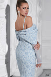 Floral bleu clair moulante épaule froide à manches longues robe de bal avec fente dans le dos
