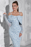 Floral bleu clair moulante épaule froide à manches longues robe de bal avec fente dans le dos