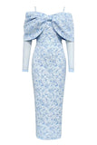 Floral bleu clair moulante épaule froide à manches longues robe de bal avec fente dans le dos