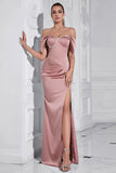 Robe de bal froncée gris rose fourreau à épaules dénudées avec fente