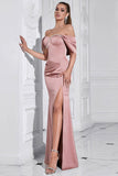 Robe de bal froncée gris rose fourreau à épaules dénudées avec fente