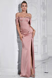 Robe de bal froncée gris rose fourreau à épaules dénudées avec fente
