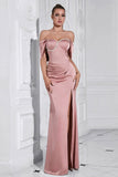 Robe de bal froncée gris rose fourreau à épaules dénudées avec fente