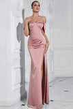 Robe de bal froncée gris rose fourreau à épaules dénudées avec fente