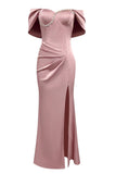 Robe de bal froncée gris rose fourreau à épaules dénudées avec fente