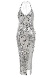 Robe de soirée à pompons à sequins à col en V et gaine argentée