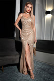 Spaghetti Straps Fourreau Champagne scintillant Robe de soirée avec fente