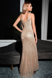 Spaghetti Straps Fourreau Champagne scintillant Robe de soirée avec fente