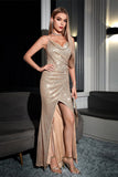 Spaghetti Straps Fourreau Champagne scintillant Robe de soirée avec fente