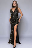 Robe de bal sirène dos nu à paillettes noires scintillantes avec fente