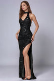 Robe de bal sirène dos nu à paillettes noires scintillantes avec fente