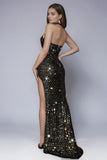 Robe de bal sirène dos nu à paillettes noires scintillantes avec fente