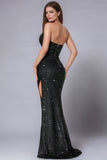 Robe de bal sirène dos nu à paillettes noires scintillantes avec fente