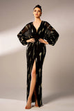 Robe formelle en tulle à manches longues à manches longues en tulle noir scintillant avec paillettes