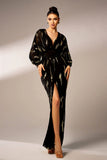 Robe formelle en tulle à manches longues à manches longues en tulle noir scintillant avec paillettes