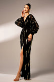 Robe formelle en tulle à manches longues à manches longues en tulle noir scintillant avec paillettes