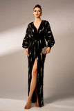 Robe formelle en tulle à manches longues à manches longues en tulle noir scintillant avec paillettes