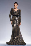 Robe longue formelle fourreau noir scintillant à manches longues dorées avec broderie à sequins