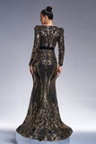 Robe longue formelle fourreau noir scintillant à manches longues dorées avec broderie à sequins