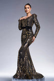 Robe longue formelle fourreau noir scintillant à manches longues dorées avec broderie à sequins