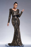 Robe longue formelle fourreau noir scintillant à manches longues dorées avec broderie à sequins