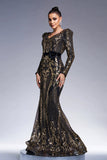 Robe longue formelle fourreau noir scintillant à manches longues dorées avec broderie à sequins