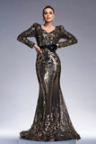 Robe longue formelle fourreau noir scintillant à manches longues dorées avec broderie à sequins