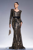 Robe longue formelle fourreau noir scintillant à manches longues dorées avec broderie à sequins
