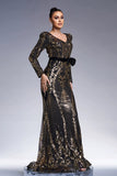 Robe longue formelle fourreau noir scintillant à manches longues dorées avec broderie à sequins