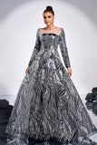 Noir Argent Floral Trapèze Illusion Col Manches Longues Robe Formelle