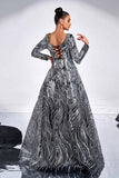 Noir Argent Floral Trapèze Illusion Col Manches Longues Robe Formelle